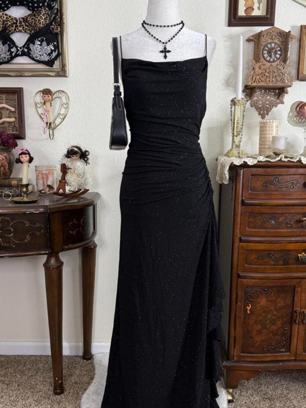 90’s grunge glam whimsigoth black glitter cowl neck ruffled maxi length gown